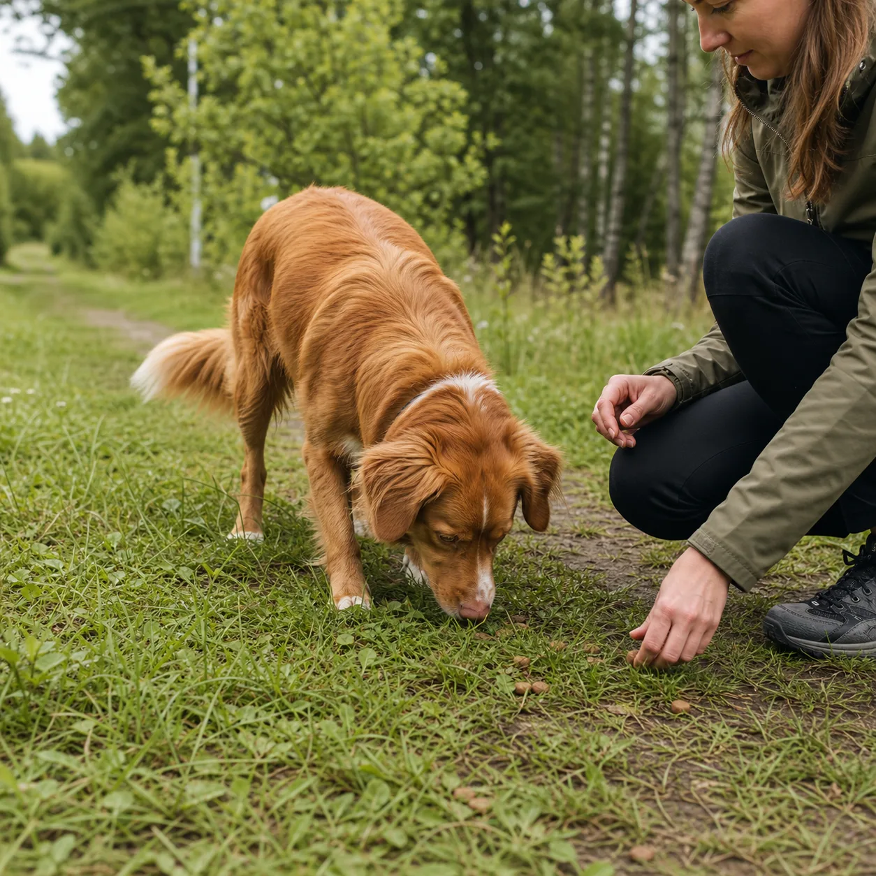 Hund söker godbitar i gräs under promenad – utomhusaktivering