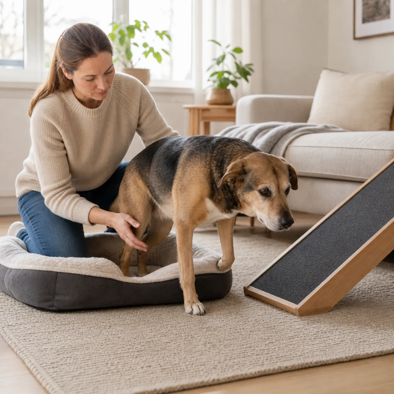 Äldre hund reser sig försiktigt från ortopedisk bädd bredvid ramp