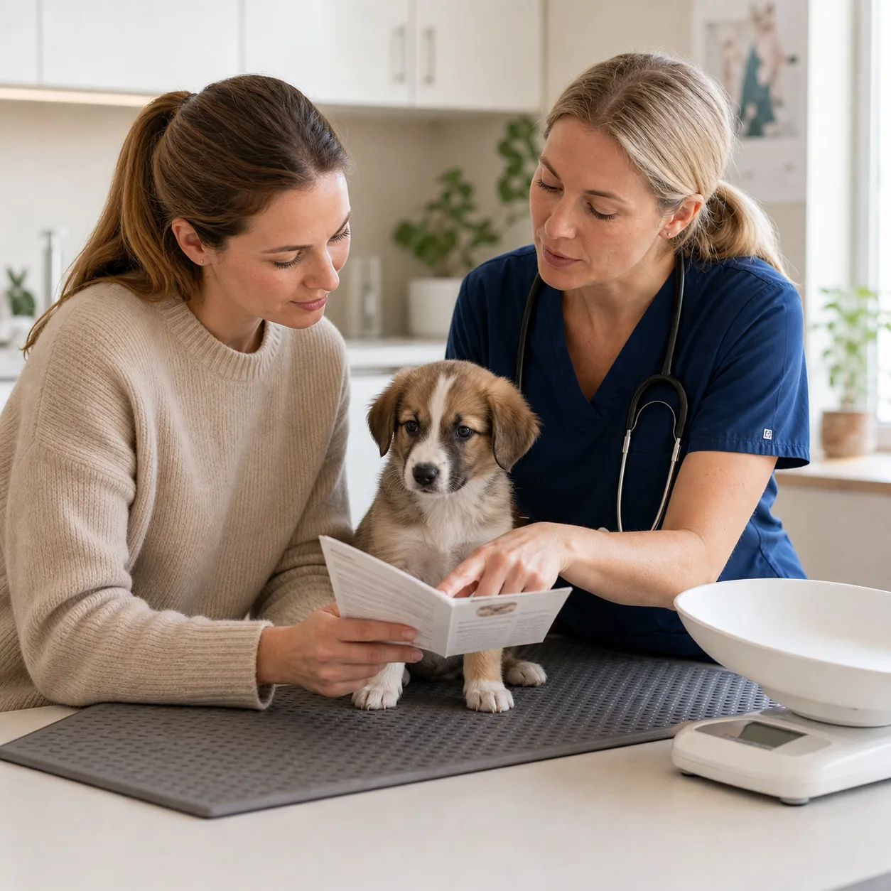 Valp på veterinärklinik där ägare kontrollerar hälsokort och dosering