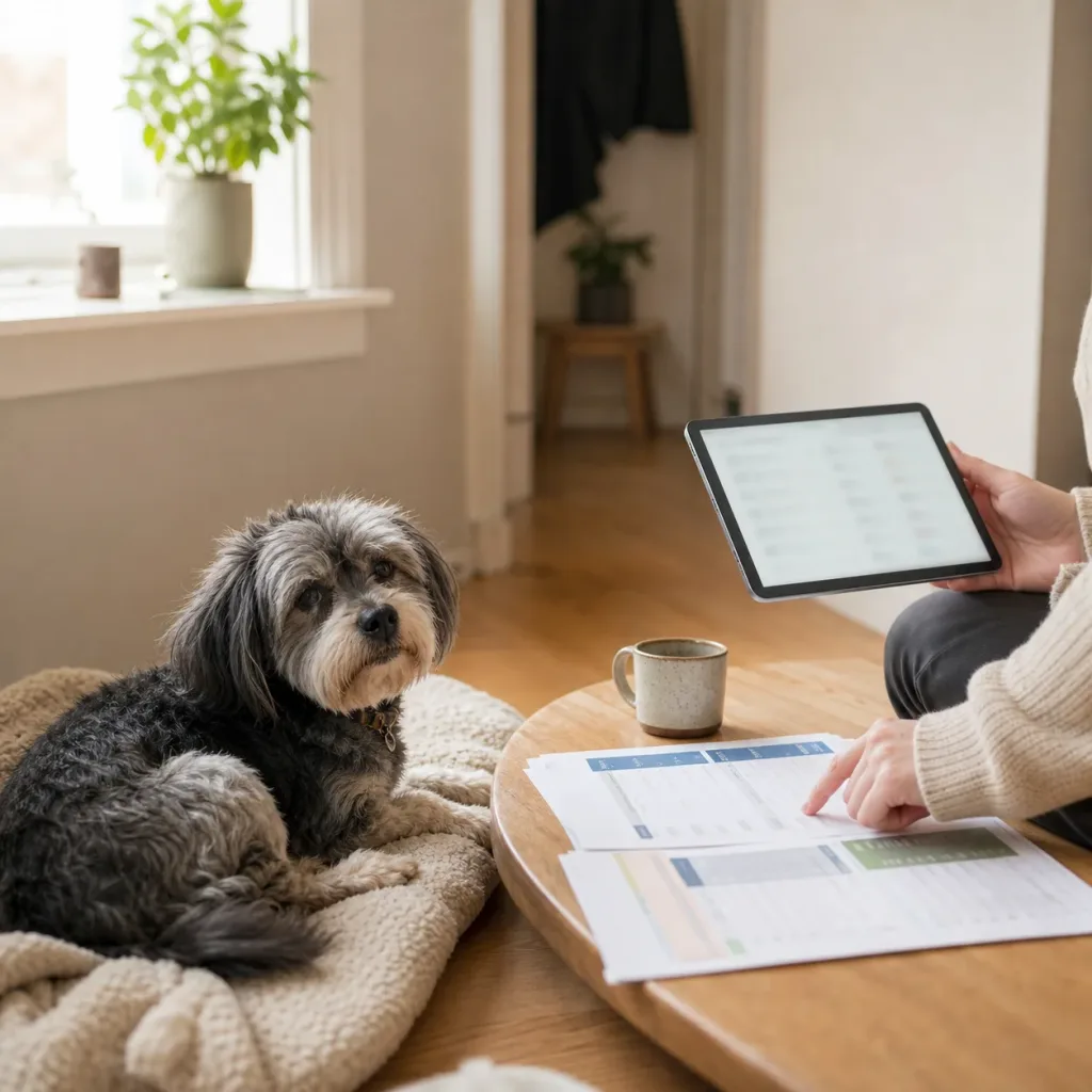 Hundägare jämför hundförsäkring tillsammans med hunden hemma