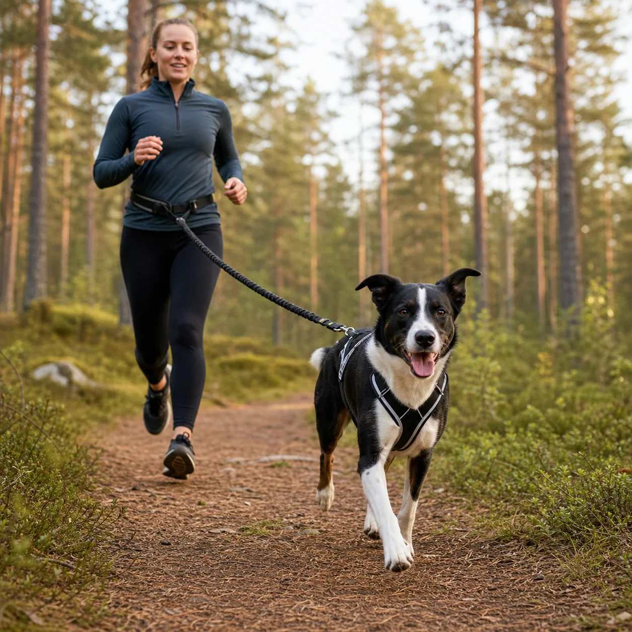 Person och hund springer tillsammans i skogen – canicross nybörjare