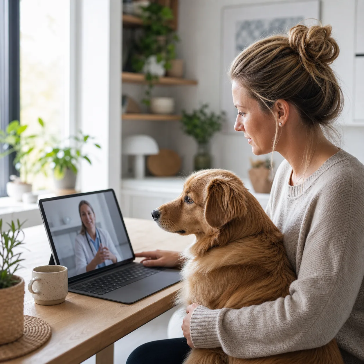 Hundägare har videosamtal med digital veterinär hemma
