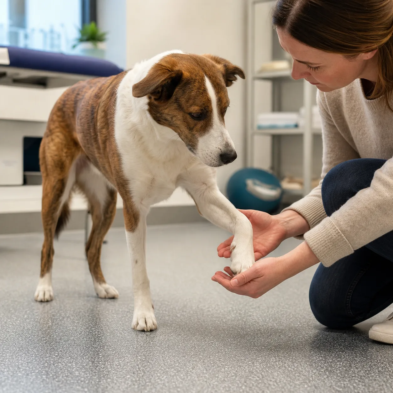 Hund som lyfter ett framben och håller upp det – hälta hos hund