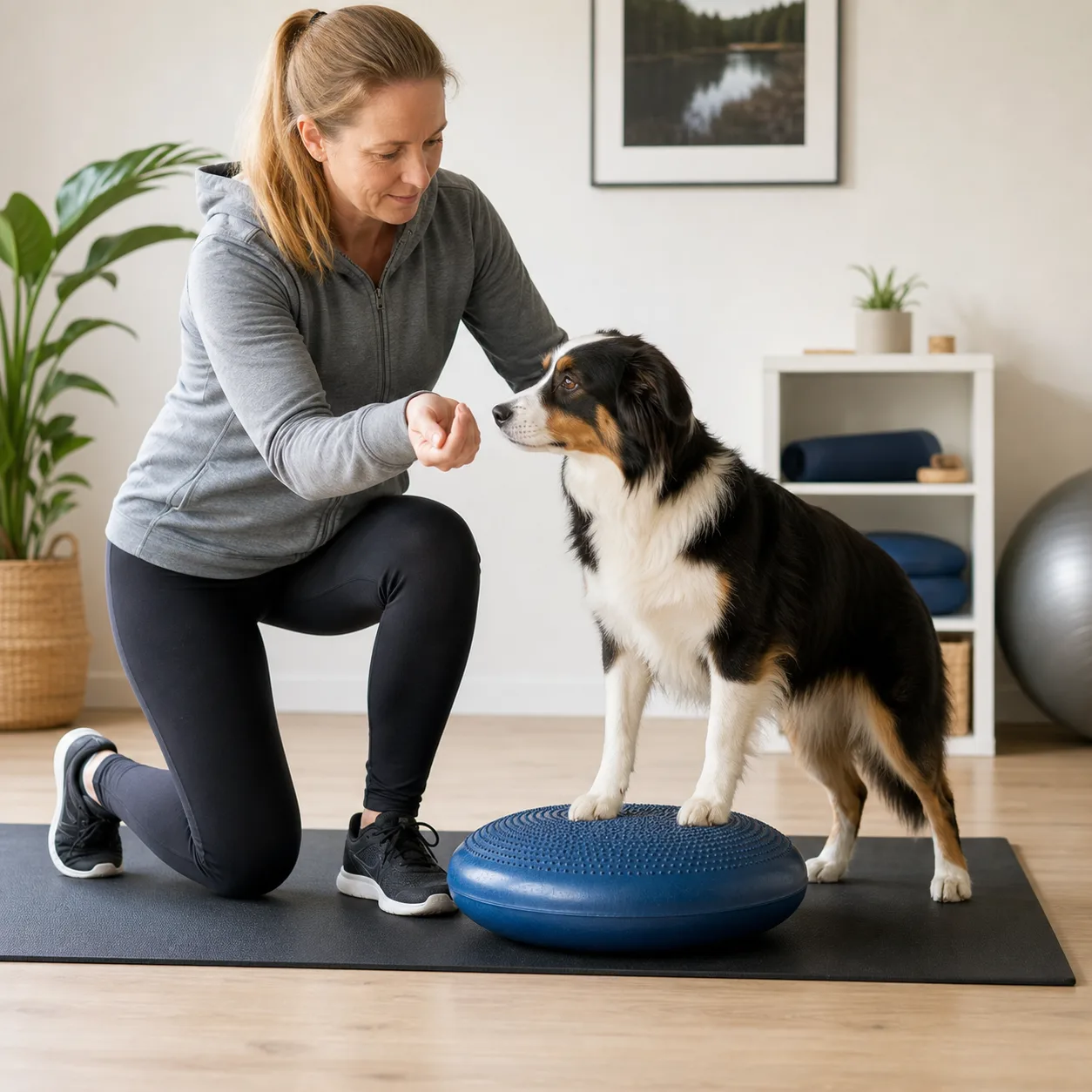 Hund som stretchar benet med ägarens hjälp – rörlighetsövningar