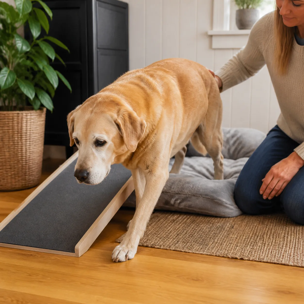 Äldre hund rör sig försiktigt – spondylos och stelhet i ryggen