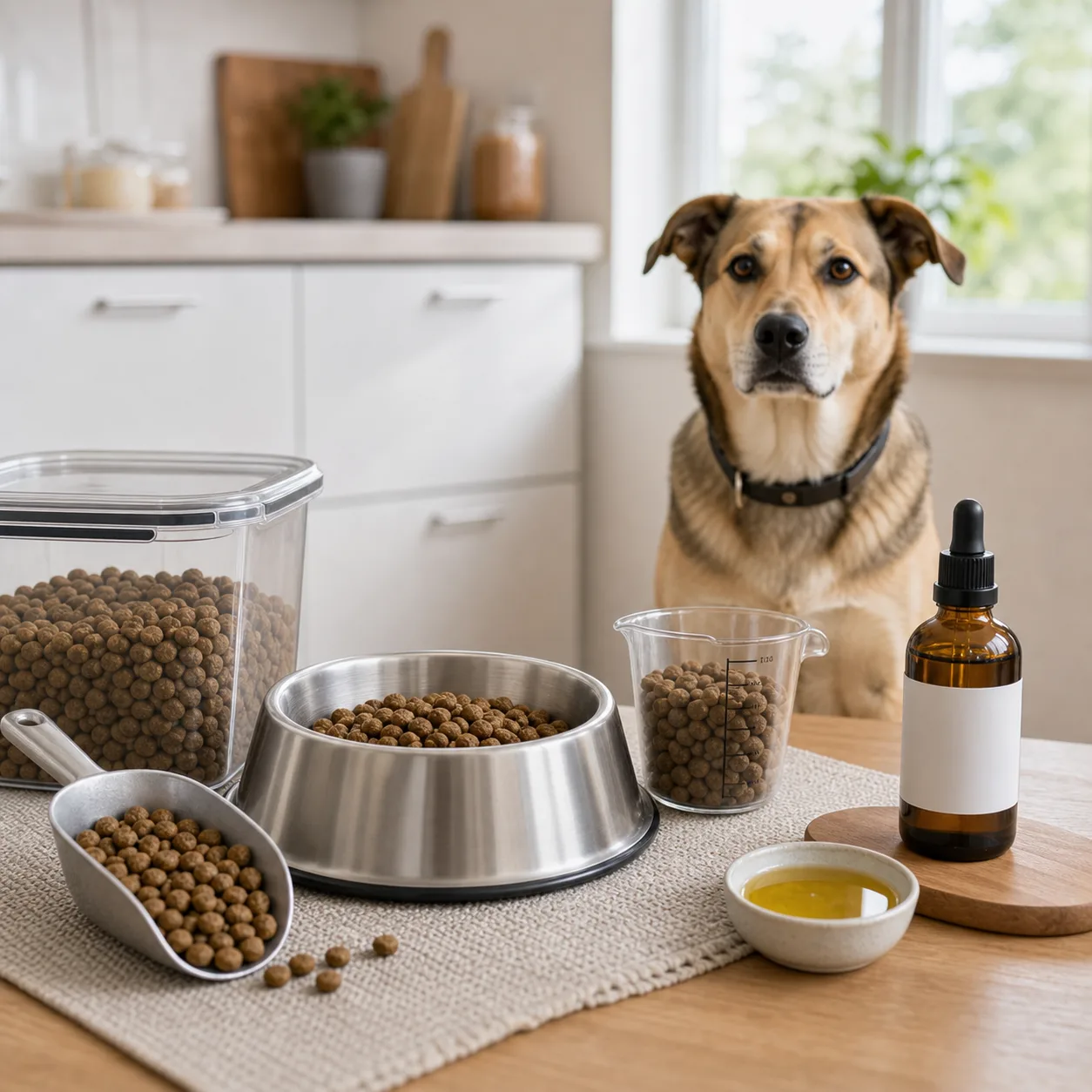Hund vid foderskål med torrfoder och kosttillskott