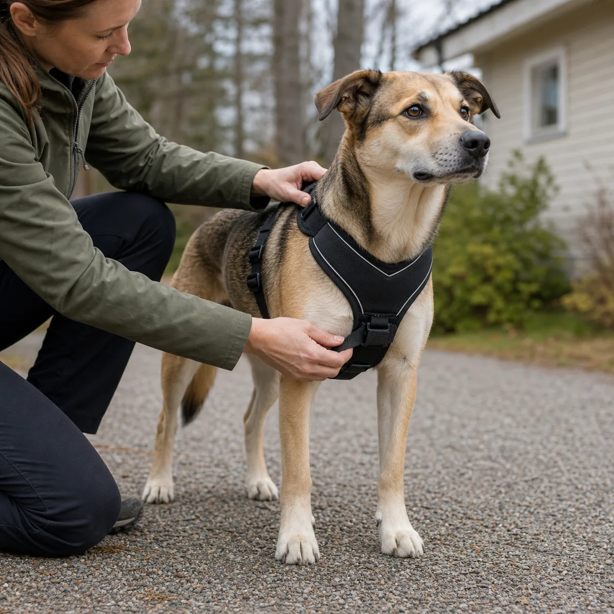 Korrekt påsatt hundsele på hund utomhus