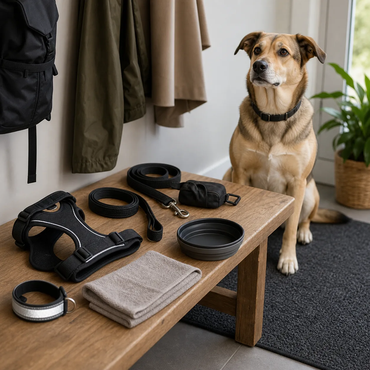 Hund med sele, koppel och annan utrustning i hall