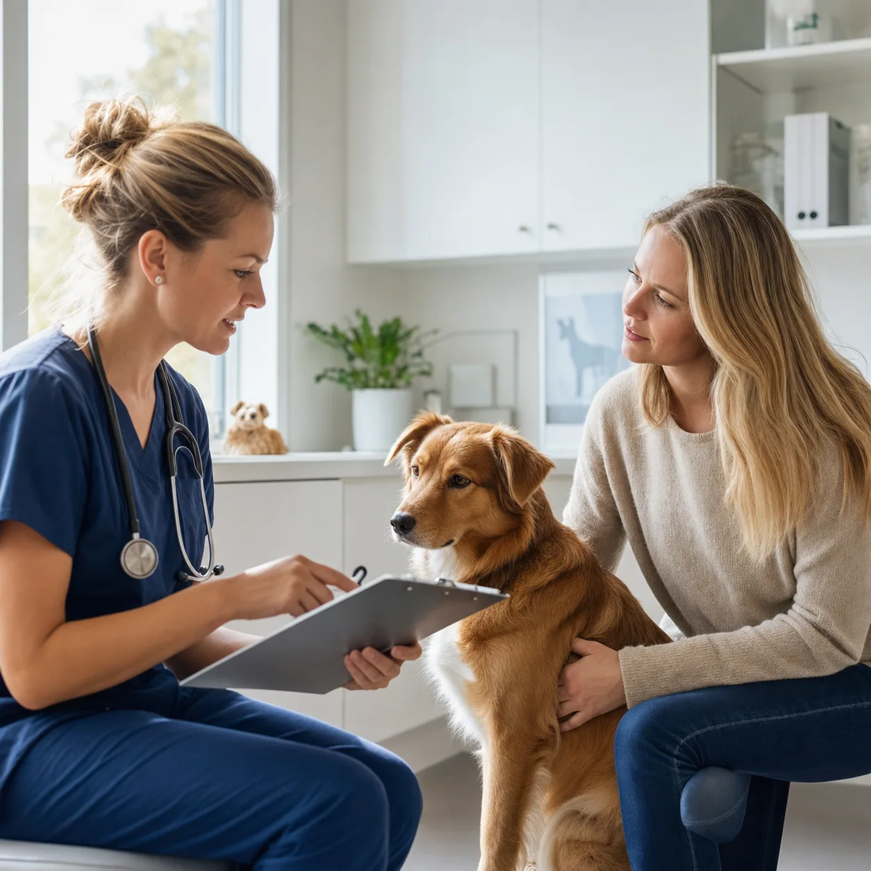 Hundägare pratar med veterinär om kastration av hund