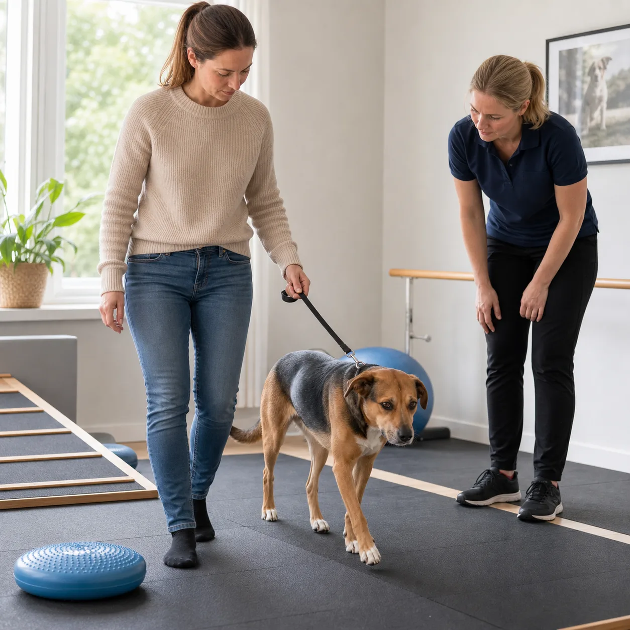 Hund på rehabpromenad i koppel efter korsbandsoperation