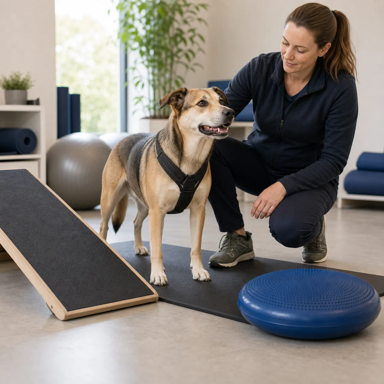 Hund tränar rehabövning med balansboll och låg ramp