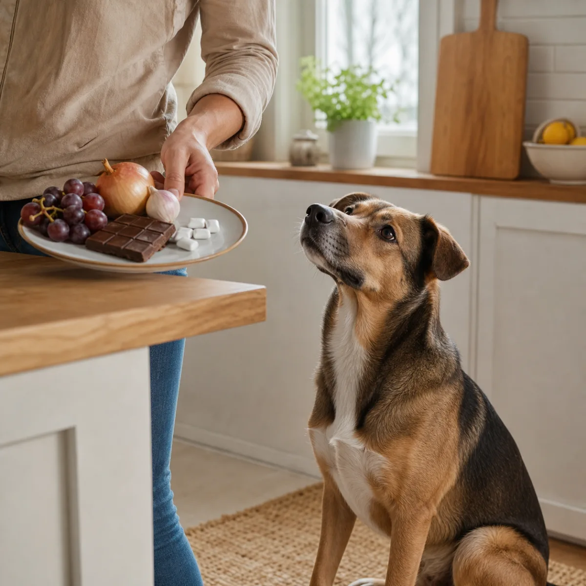 Hund i kök bredvid mat som choklad, vindruvor och lök som flyttas utom räckhåll