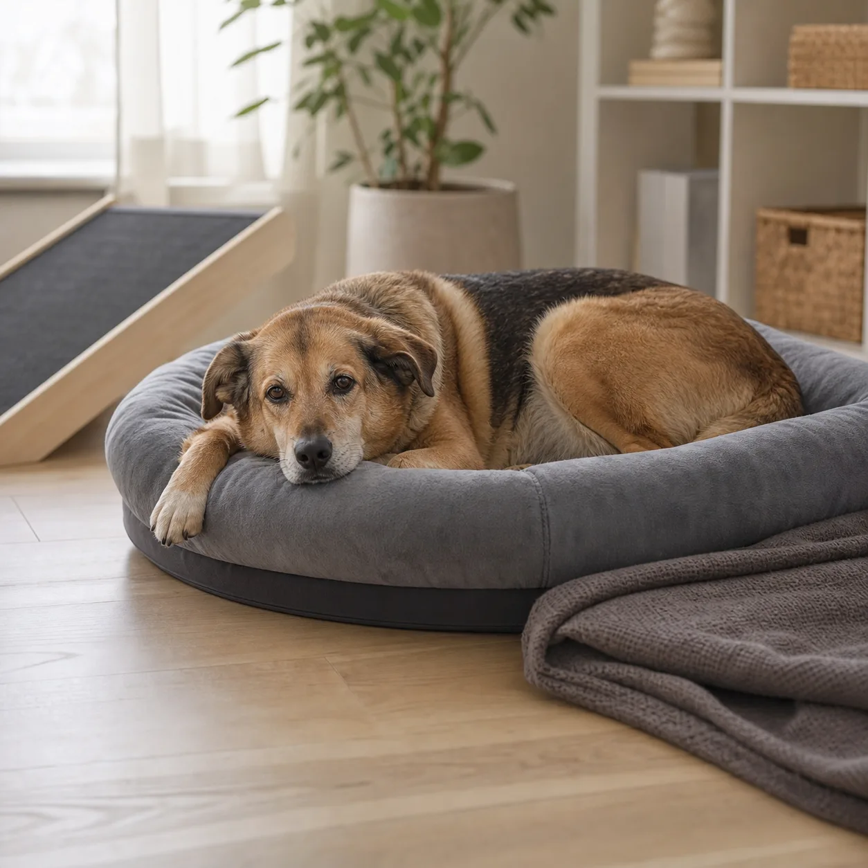 Äldre hund vilar på ortopedisk bädd med memory foam