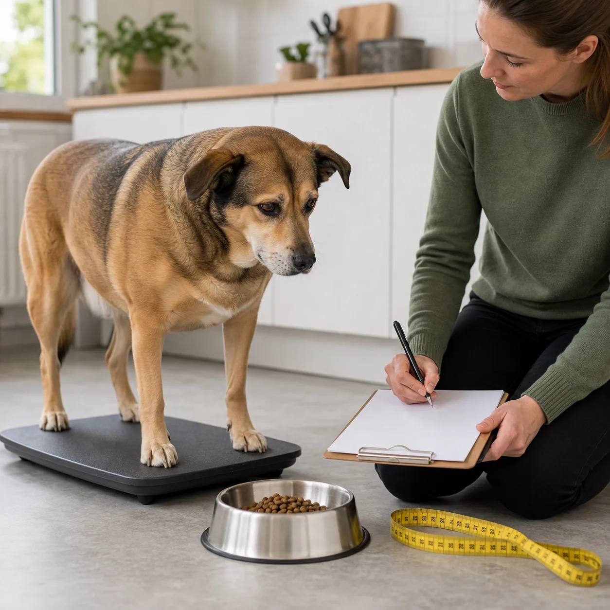 Hund vägs av sin ägare i ett ljust nordiskt kök