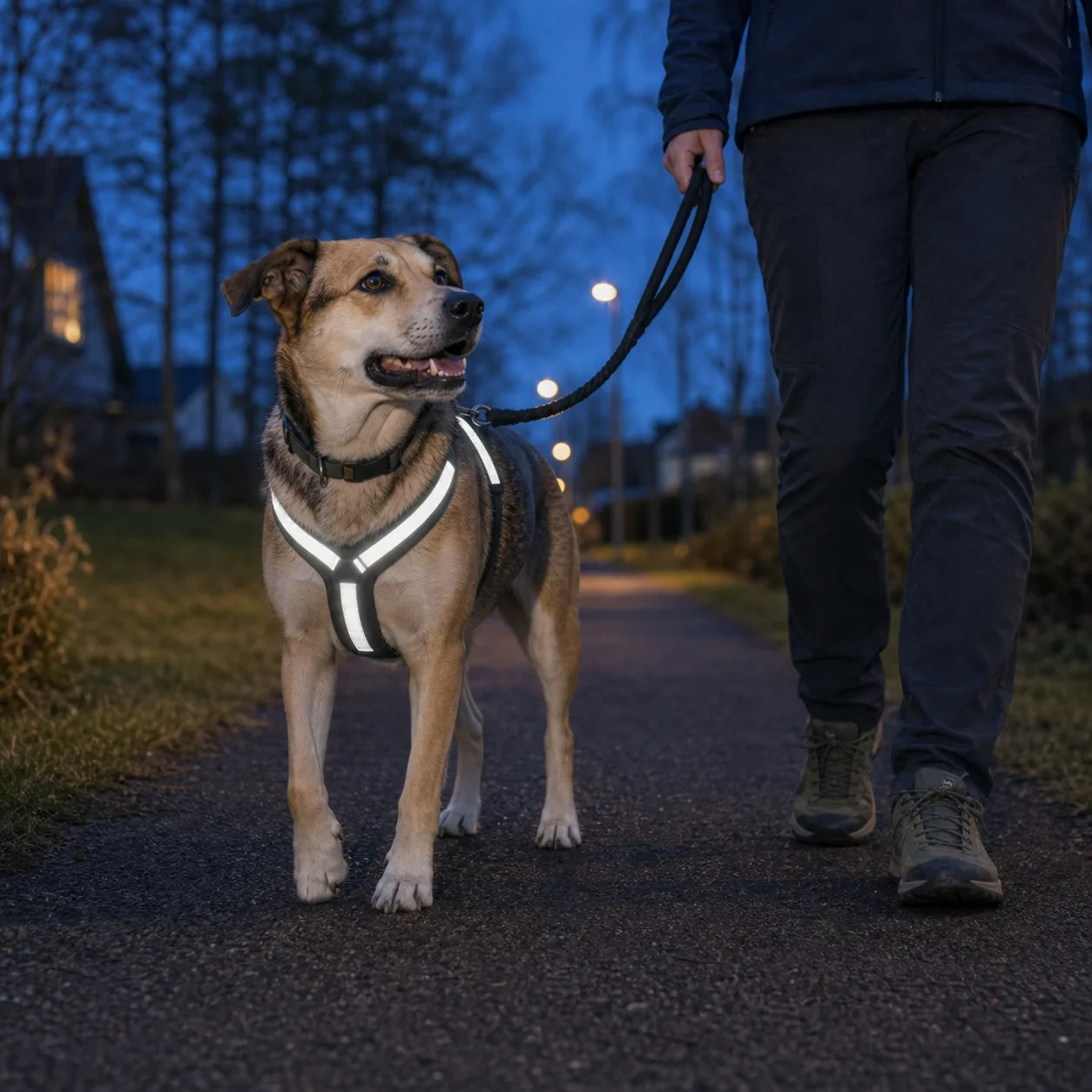 Hund med reflexväst och LED-halsband på kvällspromenad