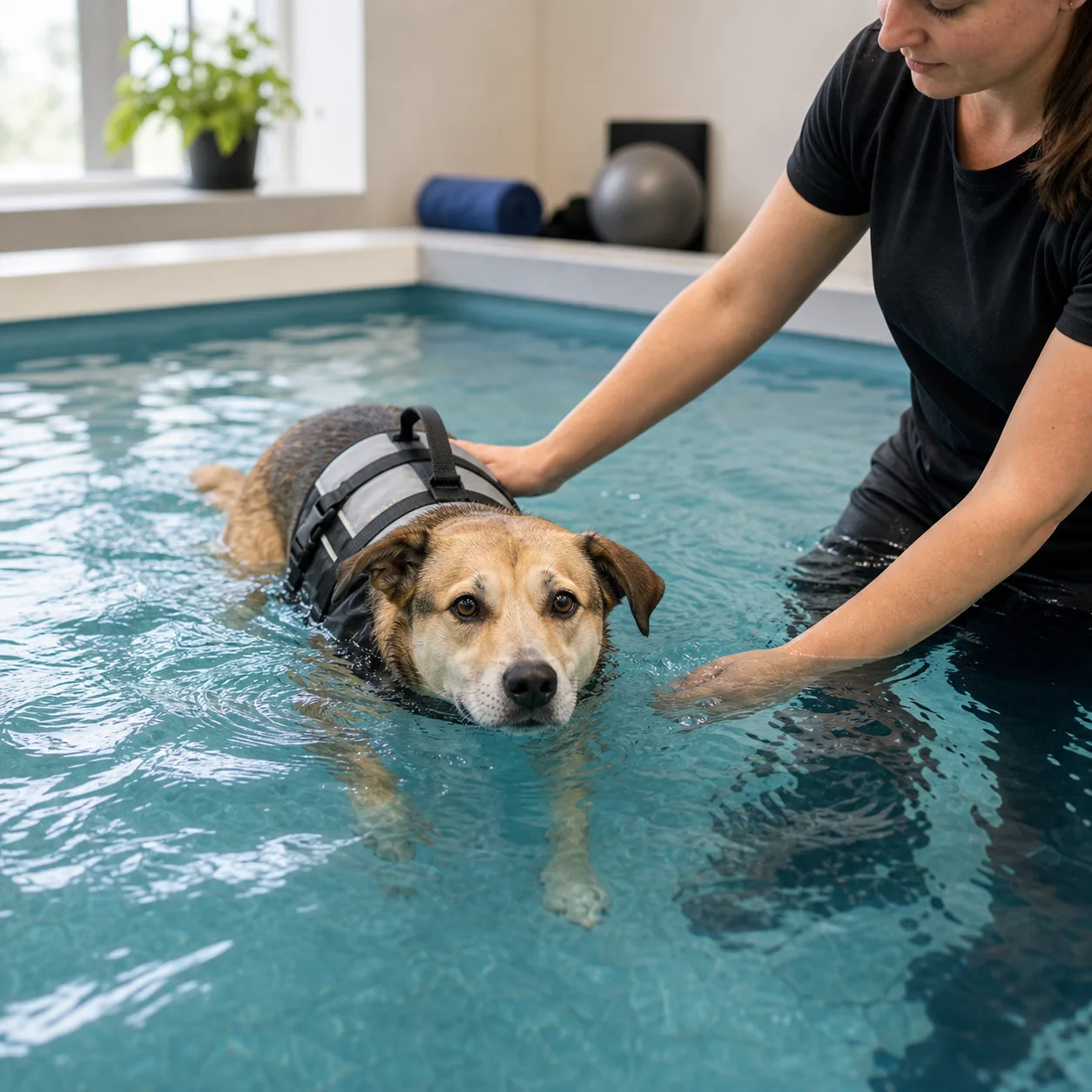 Hund simmar i inomhuspool under rehab – simträning för hund