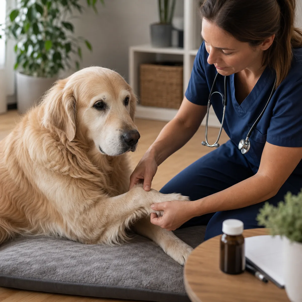 Veterinär undersöker en äldre hunds framben inför bedömning av smärta