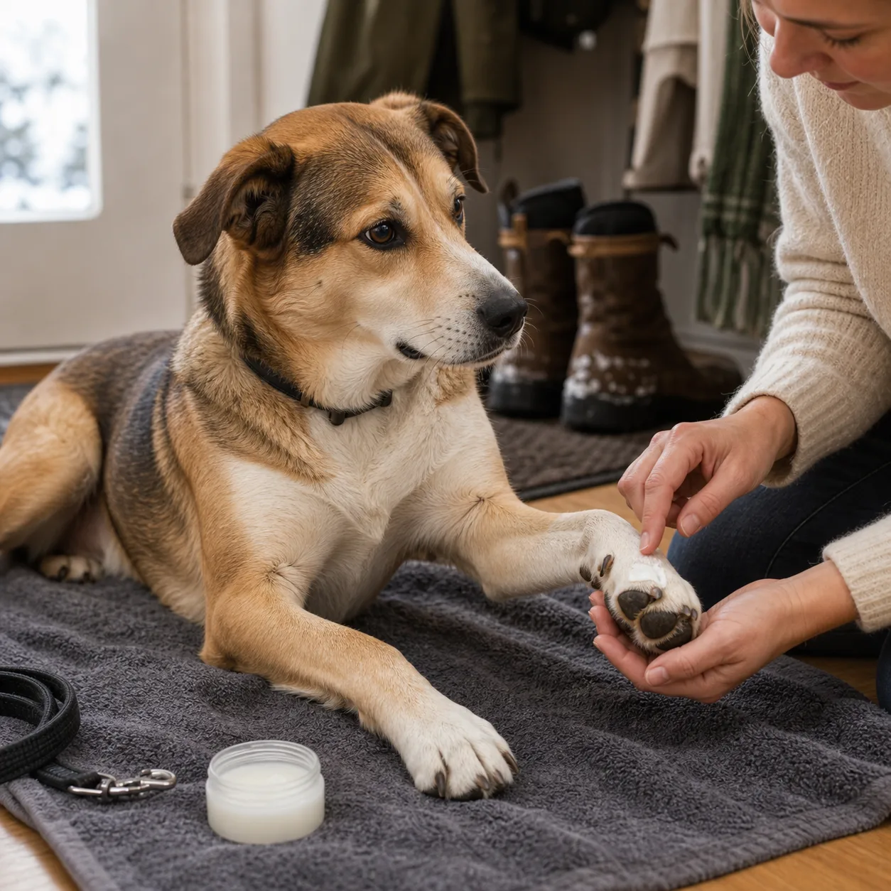 Hund med tassskydd på vintrig gångbana med vägsalt