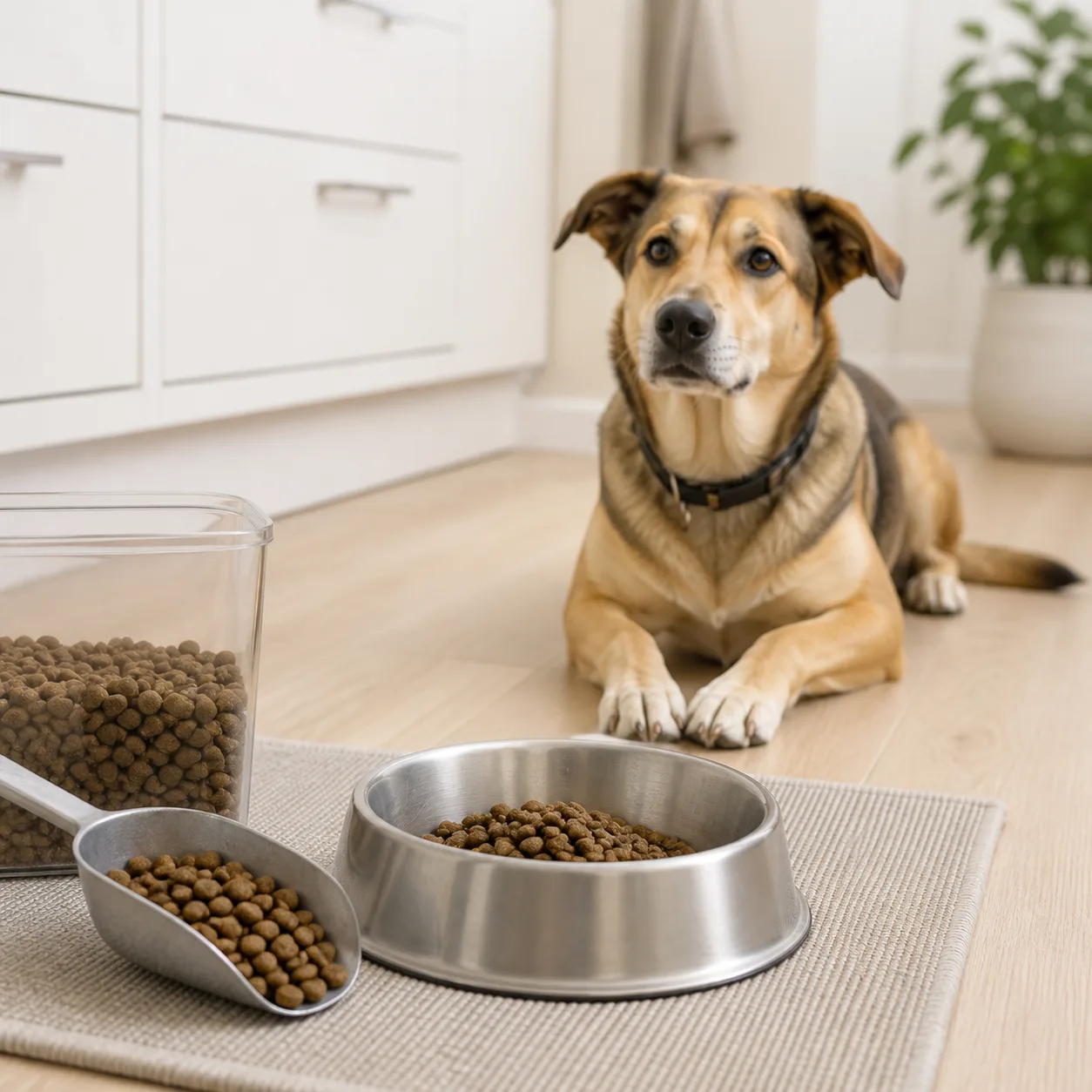 Hundskål med torrfoder bredvid en förväntansfull hund