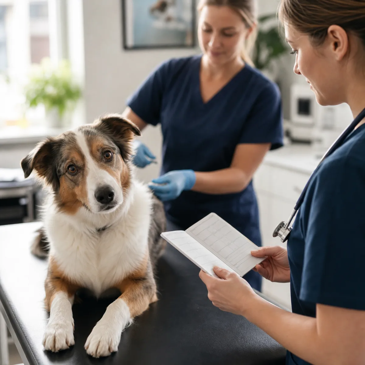 Hund på veterinärklinik där vaccinationsintyg kontrolleras