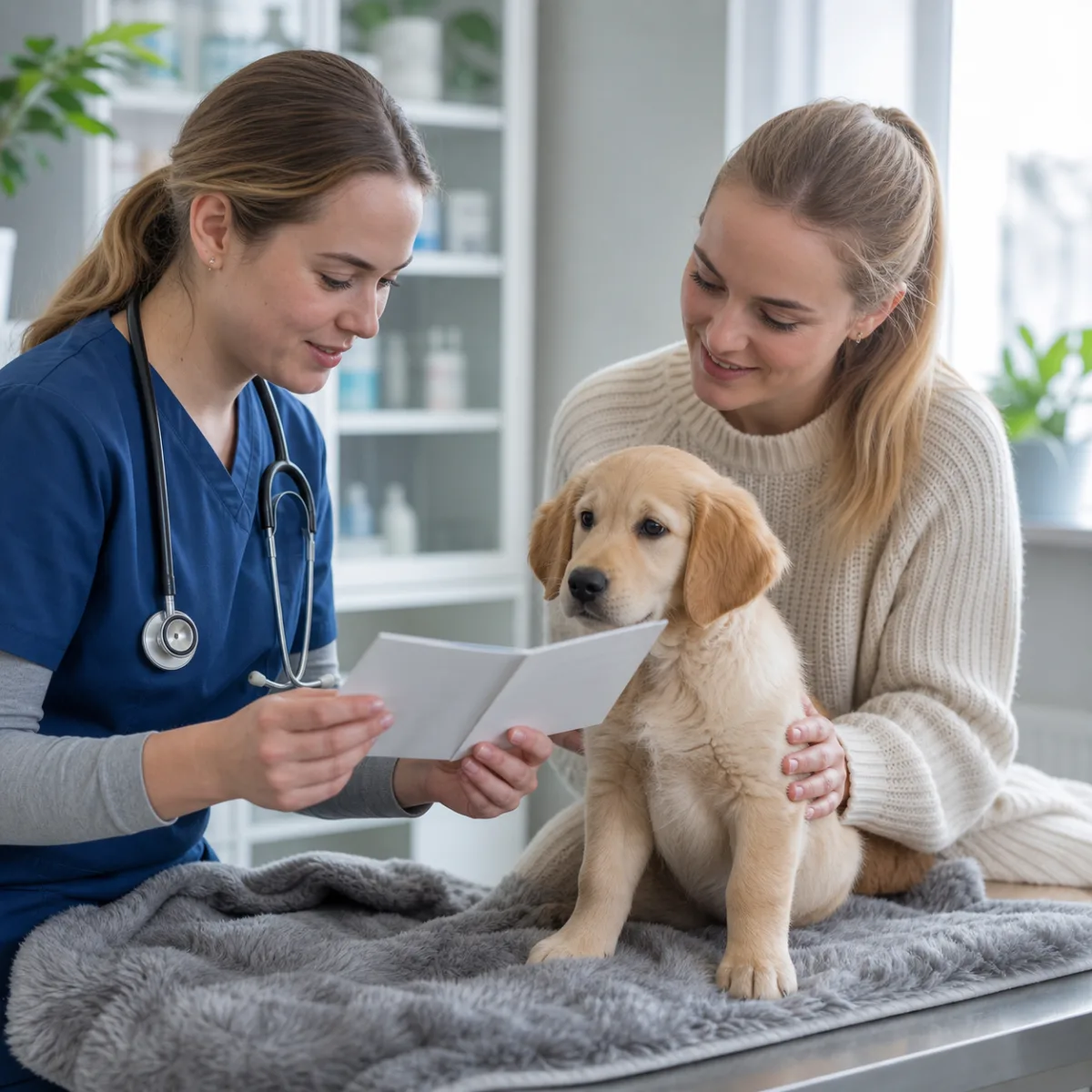 Valp hos veterinär medan ägare och veterinär går igenom vaccinationskort