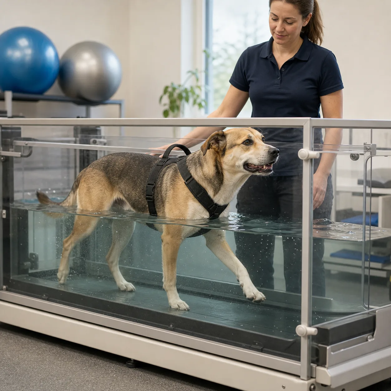 Hund går på vattenlöpband i rehabklinik – underwater treadmill