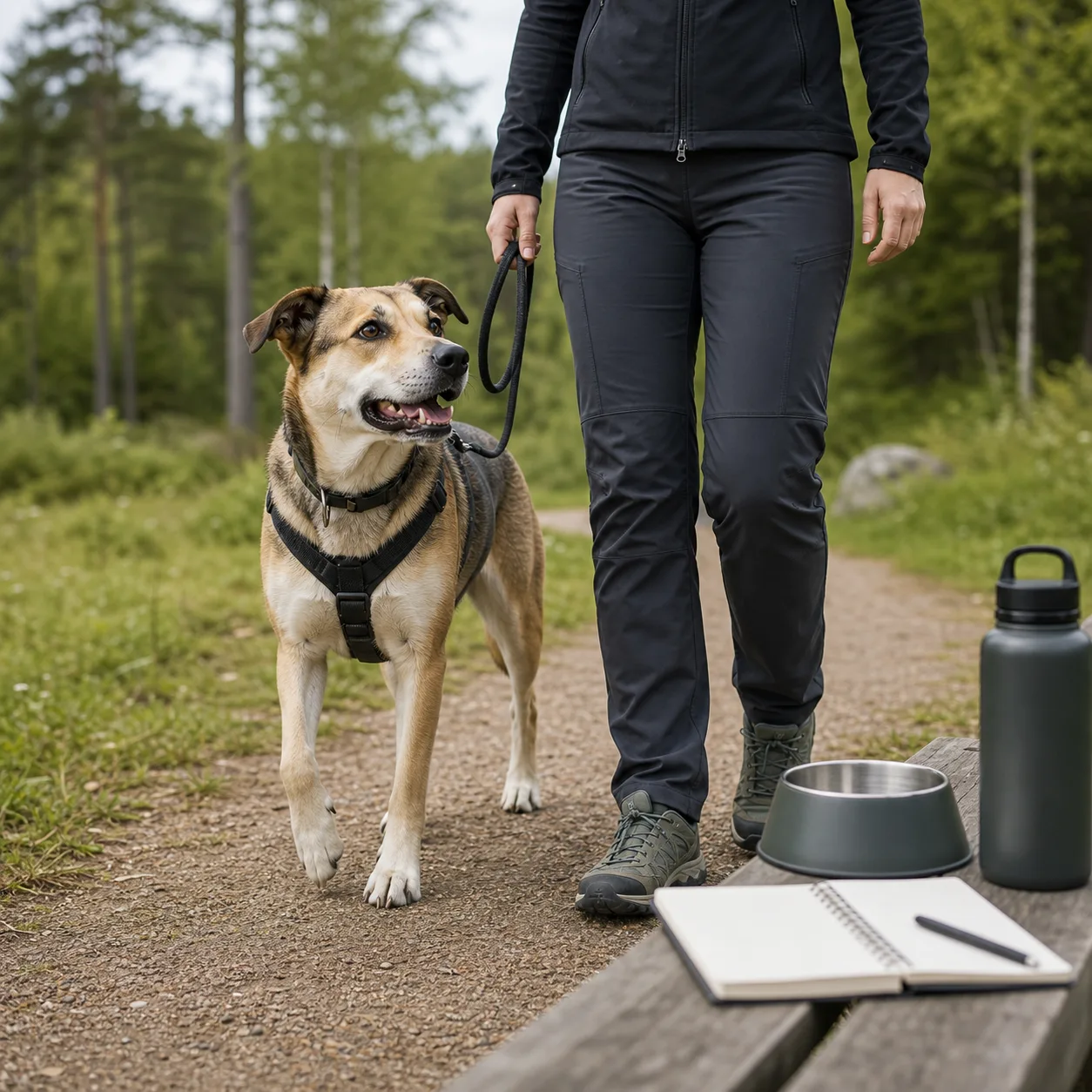 Hund på aktiv promenad med vattenflaska och matskål